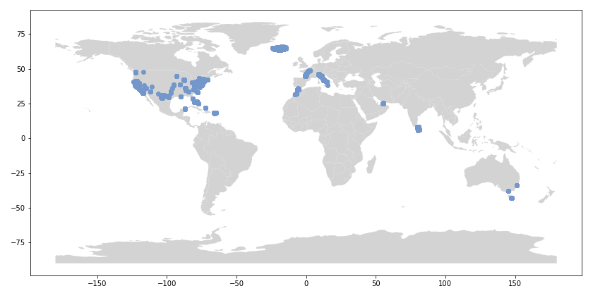 A map of the world scattered with dark blue dots. Most dots are concentrated on the costs of the US, though some dots are seen in Australia, Morocco, Sri Lanka, Iceland, DUbai, and other countries.