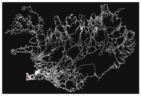 A plot with a black background, and the all the roads in iceland plotted in dark grey. A pink line traces a random walk twive the length of my vacation through the country. The walk is clustered around the Southwest
