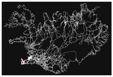 A plot with a black background, and the all the roads in iceland plotted in dark grey. A pink line traces a random walk the same length as my vacation through the country. The walk is clustered around Reykjavik
