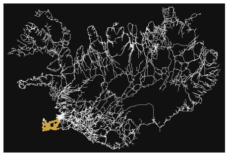 A plot with a black background, and the all the roads in iceland plotted in dark grey. A gold line traces a random walk 10 times length of my vacation through the country. The walk is clustered around Reykjavik