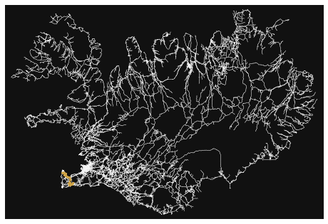 A plot with a black background, and the all the roads in iceland plotted in dark grey. A gold line traces a random walk twive the length of my vacation through the country. The walk is clustered around Reykjavik